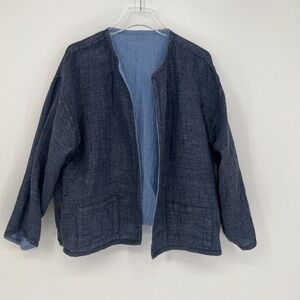 Eileen Fisher Reversible Jacket Womens L Irish Linen Blue Lightweight Classic